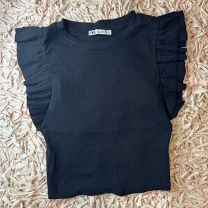 Zara Black Ribbed Stretchy Cotton Cropped Top with Ruffled Sleeves